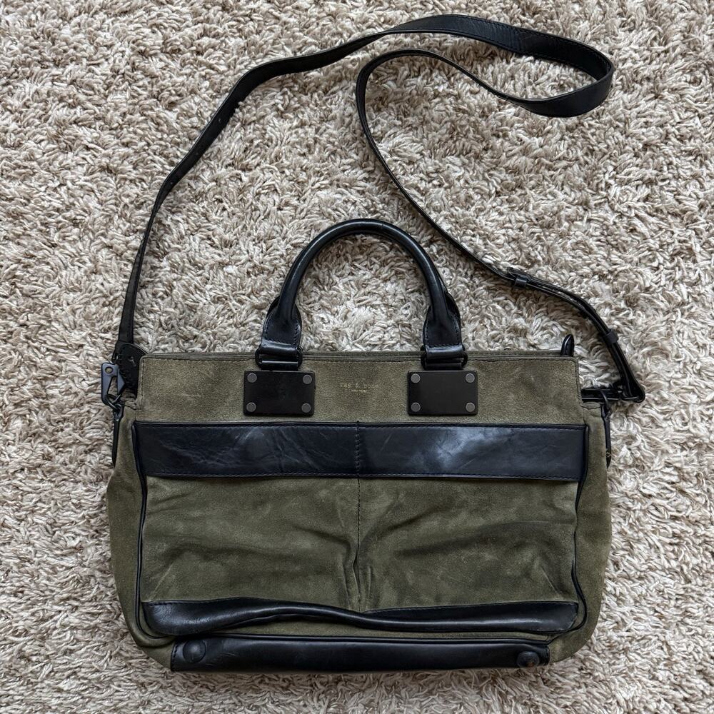 Rag & Bone NY Green Suede And Black Leather Pilots Bag Purse Crossbody Shoulder
